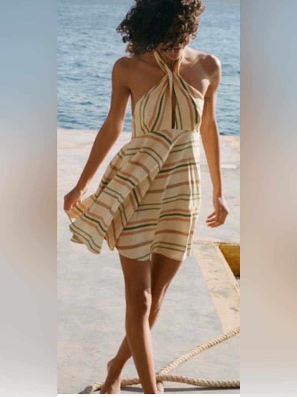 Zara Striped Halter Mini Dress in Beige, Green and Brown